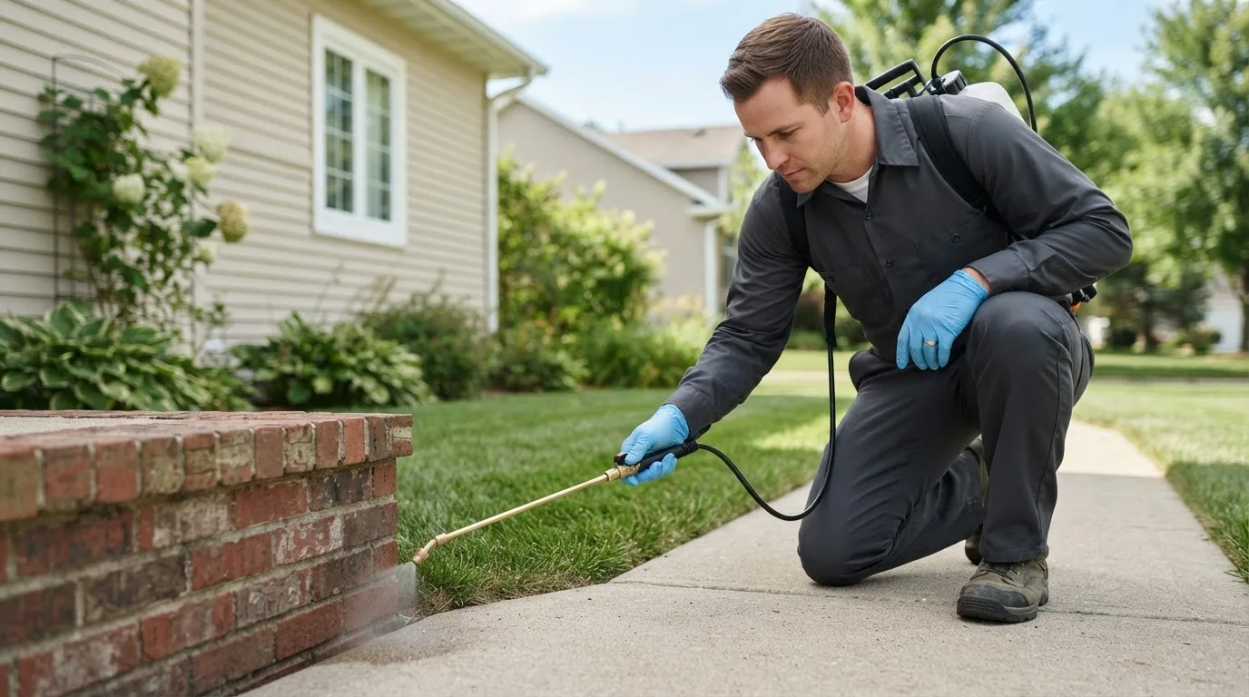 Pest control technician treating a home near Fitchburg, MA