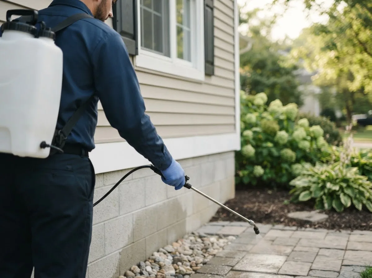Pest control technician inspecting a home in Fitchburg, MA